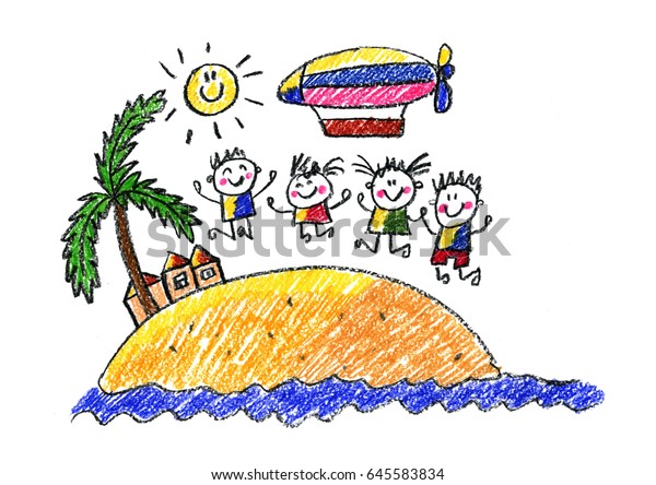 Kids Drawing Happy Boys Girls Summer のイラスト素材 645583834