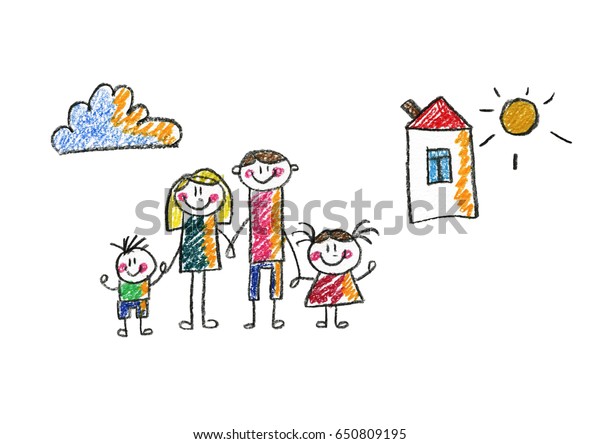 子どもが幸せな家族を描く母 父 姉 兄弟幸せな母 父と子 娘の家族の家の子どもイラスト幸せな夫婦 子ども 両親 家族のチョークの家 のイラスト素材