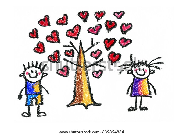 子どもの教育 学校 幼稚園の遊びの勉強 男の子と女の子に恋の木を描く子ども のイラスト素材
