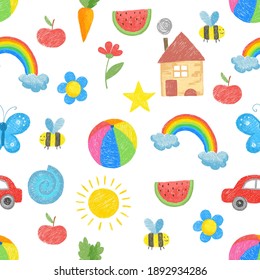 Kids drawing pattern. Family parents plants toys childrens colored hand drawn objects for textile design seamless background
