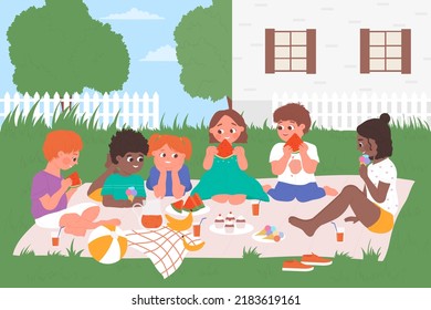 Kids eat picnic food, children friends spend fun time on picnic together in garden illustration. Cartoon happy boy girl child character holding watermelon slices, eating ice cream background