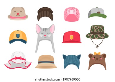 Kids Hats Illustrations. Hat Set For Children, Winter And Summer, With Animals For Girls And For Boy Scouts Isolated On White Background