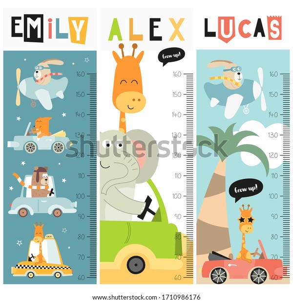 Kids height chart with kids transport and\
animals in doodle cartoon style. Illustration. growth measure for\
nursery design. Great for girl and\
boy.\
