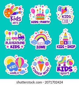 Kids logo. Toys shop identity creative children club badges kids playing zone symbols collection