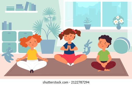 Kids Meditation. Children Yoga, Kindergarten Sport Class. Fun Child Training, Cartoon Healthy Meditating Group Decent Illustration