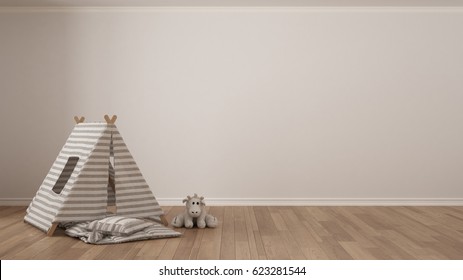 Kids Minimalist White Background With Child Tent, Blanket Pillow And Toy On Parquet Flooring, Child Room Nursery Interior Design, 3d Illustration