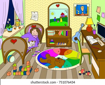 Kids On Theme Childhood Room Coloring Stock Illustration 751076434 ...