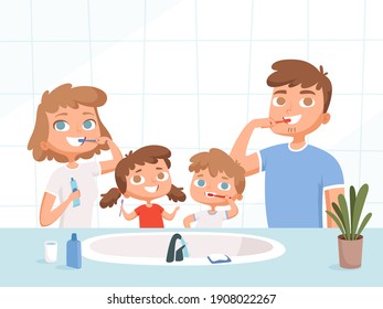 Kids with parents washing. Teeth brush sink toilet daily routine dental hygiene cartoon family - Powered by Shutterstock