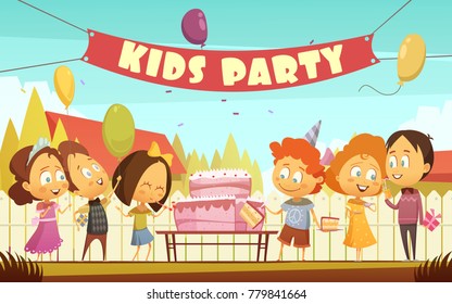 Kids Party Cartoon Background With Funny Company Of Boys And Girls Celebrating Birthday Outdoors Flat   Illustration