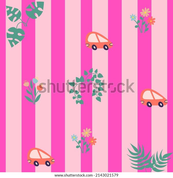Kids Pattern Hand Drawn Car\
Flower Ivy Leaf Trendy Fashion Colors Digital Style Pattern Modern\
Design Perfect Wallpaper for Fabric Print or Wrapping\
cards