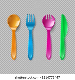 Kids Plastic Cutlery. Little Spoon, Fork And Knife Isolated. Disposable Dishware, Toy Kitchen Dining Tools Set