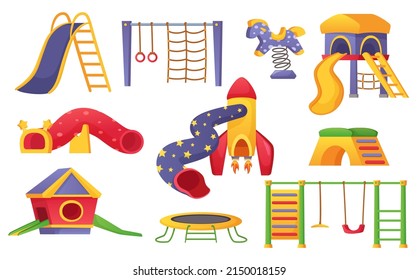 Kids playground elements, children park play equipment. Cartoon slide, swing, trampoline, horse, playset for outdoor kindergarten  set. Sport activities or playtime for children