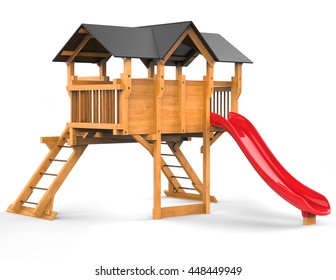 Kids playhouse with red slide - isolated on white background - 3D render