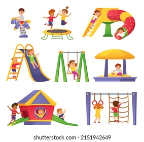Kids playing on playground at park, outdoor kindergarten equipment. Cartoon happy children having fun on swing, slide or sandbox  set. Boys and girls having entertainment on trampoline