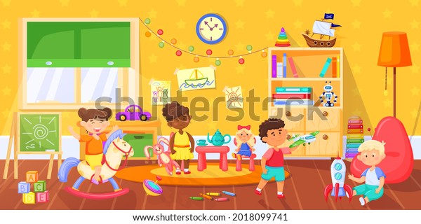 Kids Playroom Happy Children Playing Toys Stock Illustration 2018099741 ...