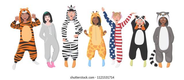 Kids' Plush One-Piece Pajamas. Hooded Onesie Zebra, Tiger, Panda, American Flag, Giraffe, Koala. Onesies For Children. Boys And Girls In Pajamas, Nightwear, Loungewear.