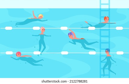 Kids in pool. Child swimming, happy school swim lesson. Flat sport boy girl, children competition or water activity utter illustration - Powered by Shutterstock