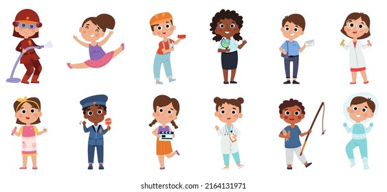 Kids Professional Characters, Baby Fireman Astronaut And Doctor. Boys And Girls In Different Professions  Illustration Set. Cartoon Kids With Professional Equipment. Job Choice For Children