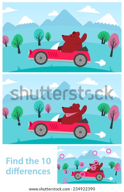 Kids\
puzzle - spot the ten differences or variations between two vector\
drawings of a cartoon bear driving a red sports car in the\
mountains, with the solution in a third\
variant