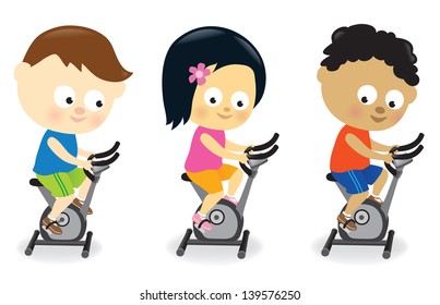 Kids riding exercise bikes - Jpeg - Powered by Shutterstock