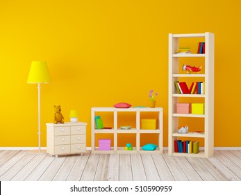 Kids Room With Bookcases With Toys At The Orange Wall. 3d Illustration