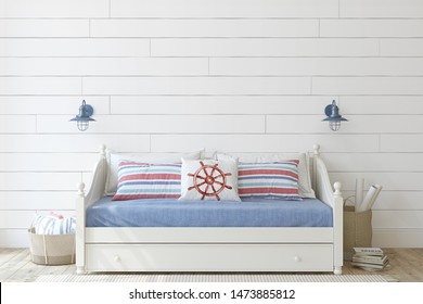 Kids Room In Coastal Style. Daybed Near Shiplap Wall. Interior Mockup. 3d Render.