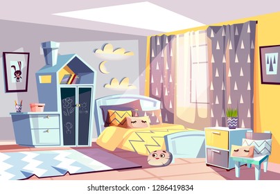 Kids Room Modern Interior Illustration Of Bedroom Furniture In Scandinavian Style. Cartoon Cozy Bed With Blanket Or Toys On Carpet And Drawer With Slat Or Chalkboard In Scandic Design