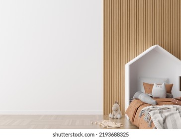 Kids Room Wallpaper Presentation Mock Up. Empty White Wall In Modern Child Room. Copy Space For Your Wallpaper Design, Wall Stickers Or Other Decoration. Interior In Scandinavian Style. 3D Rendering