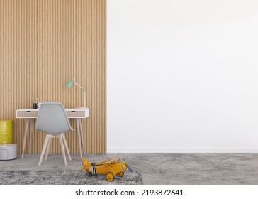 Kids Room Wallpaper Presentation Mock Up. Empty White Wall In Modern Child Room. Copy Space For Your Wallpaper Design, Wall Stickers Or Other Decoration. Interior In Scandinavian Style. 3D Rendering