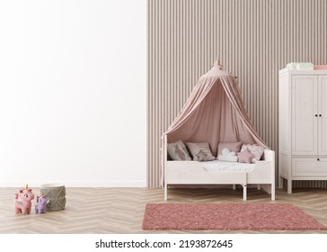 Kids Room Wallpaper Presentation Mock Up. Empty White Wall In Modern Child Room. Copy Space For Your Wallpaper Design, Wall Stickers Or Other Decoration. Interior In Scandinavian Style. 3D Rendering