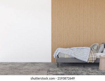 Kids Room Wallpaper Presentation Mock Up. Empty White Wall In Modern Child Room. Copy Space For Your Wallpaper Design, Wall Stickers Or Other Decoration. Interior In Scandinavian Style. 3D Rendering