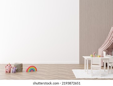 Kids Room Wallpaper Presentation Mock Up. Empty White Wall In Modern Child Room. Copy Space For Your Wallpaper Design, Wall Stickers Or Other Decoration. Interior In Scandinavian Style. 3D Rendering