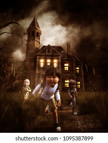 Kids Running Away From A Haunted House,3d Illustration