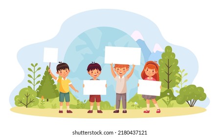 Kids with save planet banners in green forest.  children with environment banner illustration. Ecology protect and recycling - Powered by Shutterstock