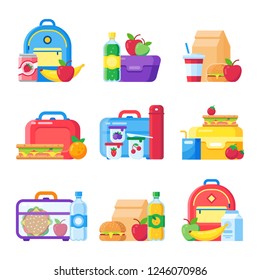 Kids School Lunch Box. Schoolkid Meal Bag For Dinner. Red Apple, Milk Child Hamburger Fresh Snack Dinners Meal In Children Food Boxes And Plastic Sandwich Bag Flat Icon Colorful  Isolated Set