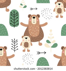 Kids seamless pattern with cute bears. Scandinavian childish texture for nursery design, wrapping paper, baby apparel, bedlinen. Kids illustration.