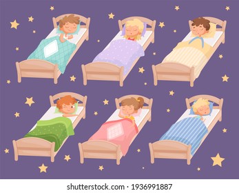 Kids Sleeping. Quiet Hour In Kindergarten Blanket Childrens Bedroom Rest Of Boys And Girls Relaxing Bedding Cartoon Funny Characters