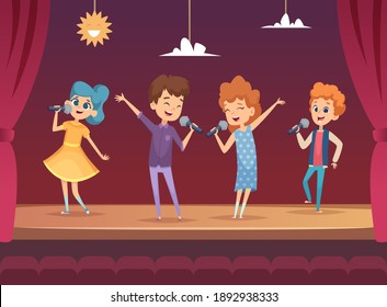 Kids Stage. Children Performance Karaoke Sing Boys And Girls Backgrounds