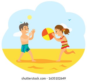 Kids In Summer Raster, Vacations Of Children Playing Volleyball Tossing Ball To Each Other. Hot Sand, Childhood Of Boy And Girl, Brother And Sister Friends