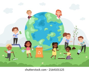 Kids take care of earth, day, environment protection kindergarten activity. Children help to protect the world  illustration set. Kids saving earth from waste, sorting rubbish and planting trees - Powered by Shutterstock