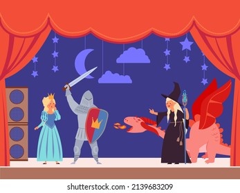 Kids Theater. Cartoon Kid, Flat Street Public Act On Stage For Children. Tale Entertainment, Actors In Costumes. Magic Show Decent Illustration