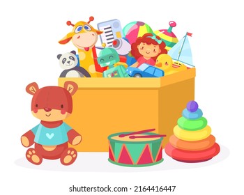 Kids Toy Box. Cartoon Robot, Doll, Ball, Teddy Bear, Giraffe, Boat And Panda In Cardboard Container For Playroom Or Nursery. Objects For Kids Entertainment And Games  Illustration