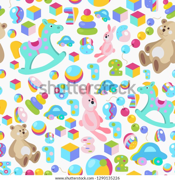 Kids toys\
cartoon style colorful seamless\
pattern