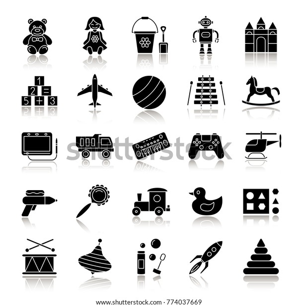 Kids toys\
drop shadow black glyph icons set. Educational games. Children\
entertainment. Isolated raster\
illustrations