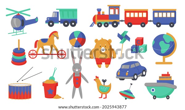 Kids\
toys illustration set. Cartoon children activity, education game\
collection with cute plastic toy transport to play with small boys\
and girls, funny playing objects isolated on\
white