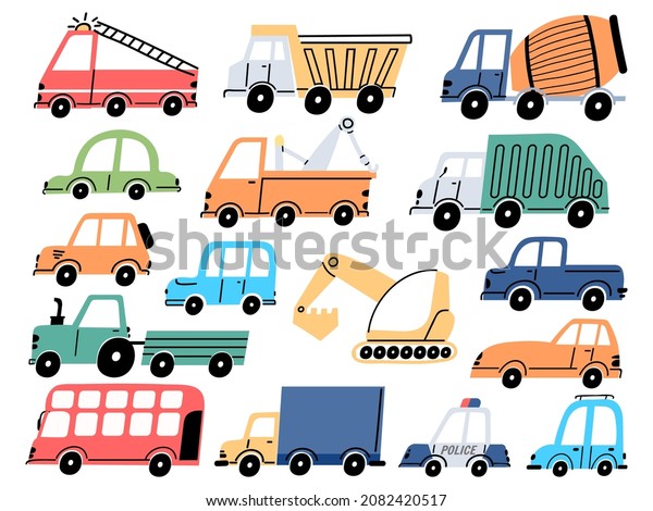 Kids transport\
and cars, construction tractor, excavator and digger. Cartoon\
children fire engine, dump truck and police vehicle set. Industry\
childish transportation\
elements