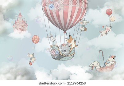 Kids Wallpaper Design Animals Balloon Fly