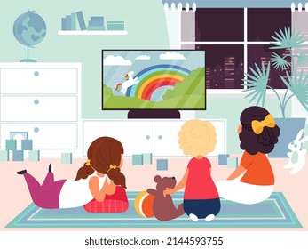 Kids Watching Tv. Child Television, Children In Room Watch Movie Or Cartoon Together. Home Cinema Technology And Friendship Decent Illustration