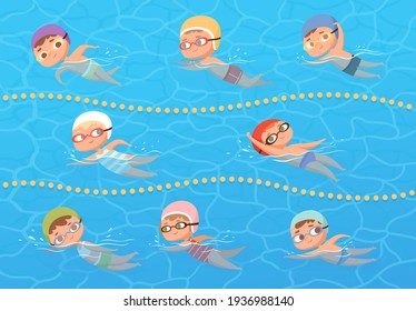 Kids in water pool. Children sport education swimming lesson cartoon clipart - Powered by Shutterstock