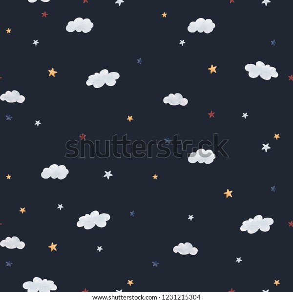 Kids watercolor pattern. Wallpaper \
for girls and boys , cute starry sky. dark\
background